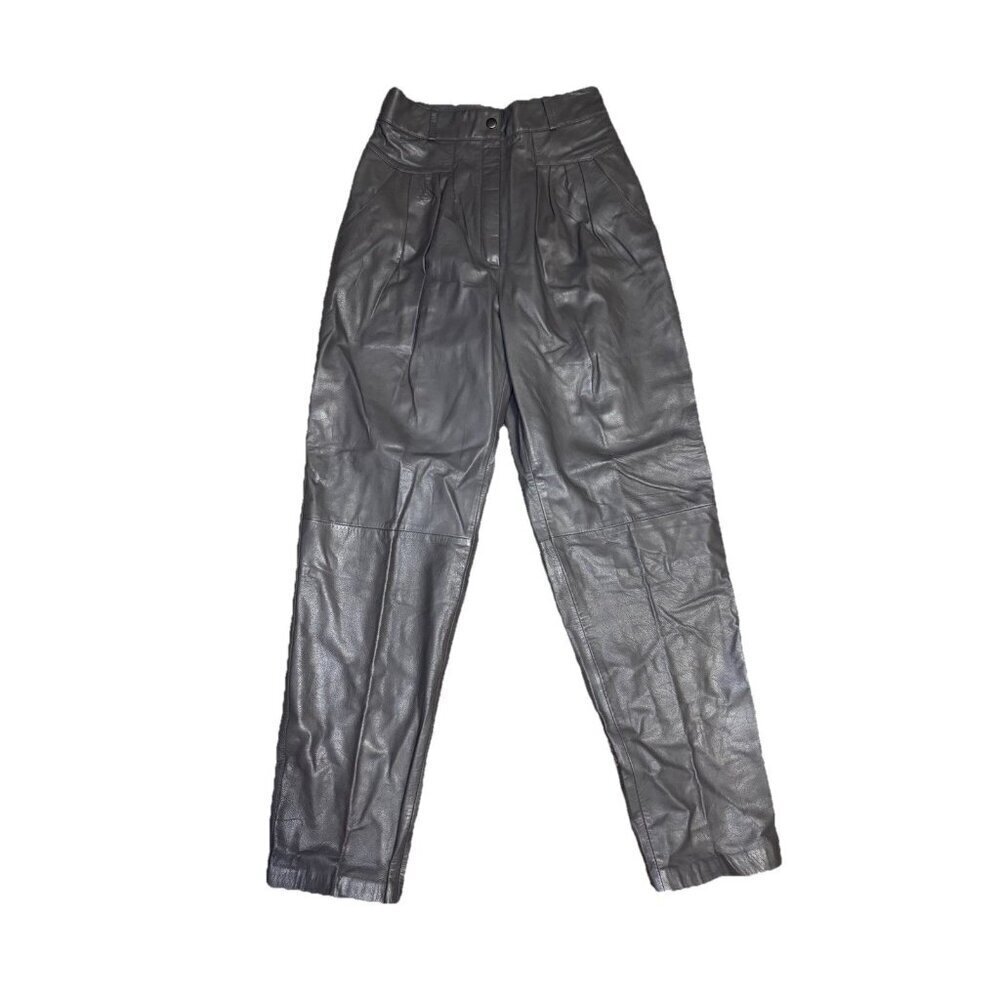 VINTAGE Womens Gray Leather Pants Trousers High Waist Pleated Career Goth 26x29